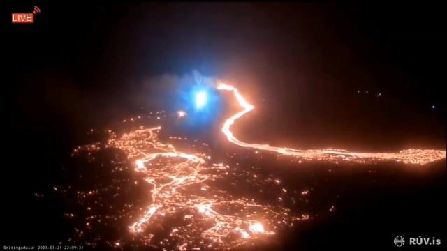 Mysterious Blue Light over Erupting Volcano in Iceland