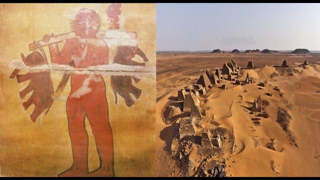 Ancient wall painting in the Nubian pyramids depicting a Giant carrying two elephants