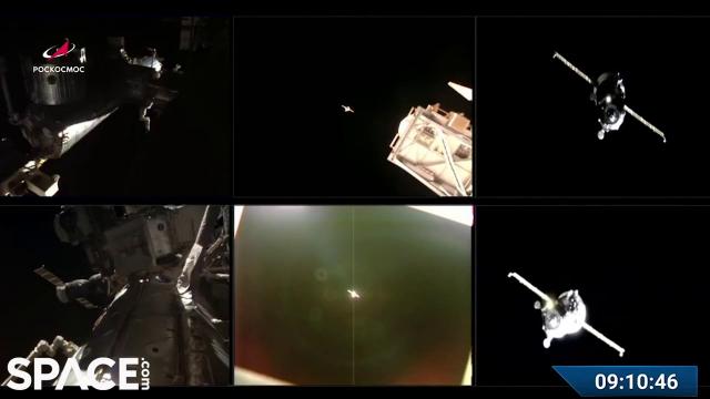 Russian spacecraft dock to Space Station in multi-view time-lapse