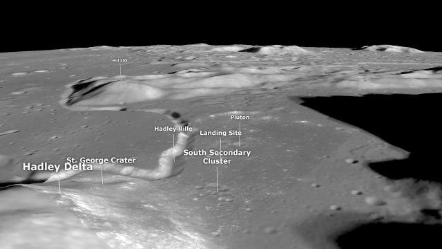 Apollo 15 landing site visualized from orbiter imagery (with SEVA audio)