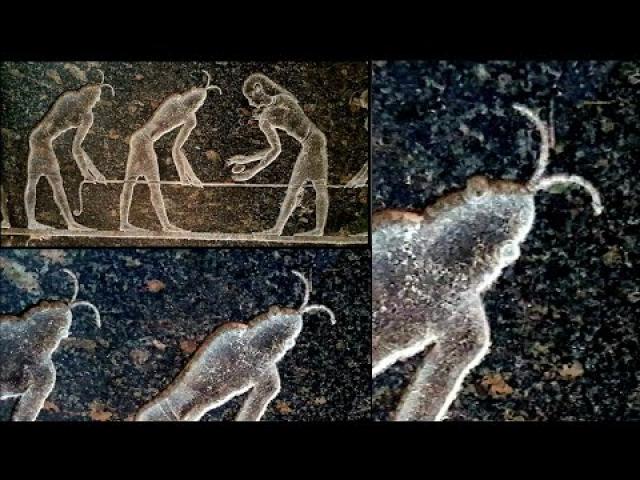 Strange beings with antennae engraved on a stele on display at the Cairo Museum, Egypt