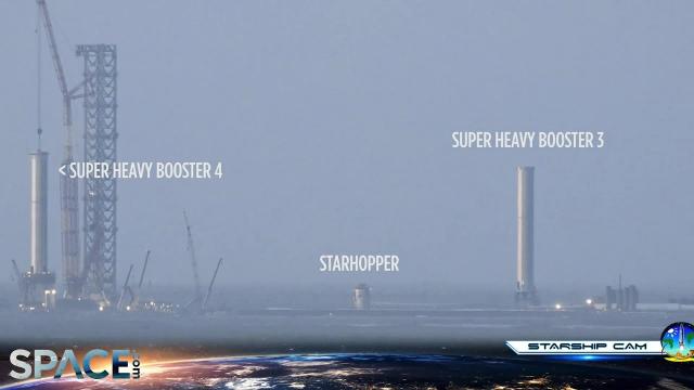 Sun rises on SpaceX Super Heavy boosters & Starhopper at launch site