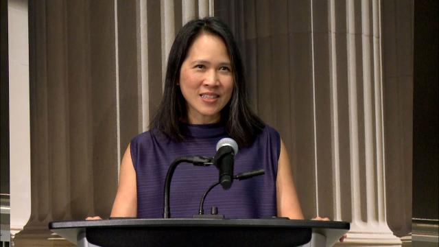 Chair of the faculty Lily Tsai welcomes the new president-elect to MIT