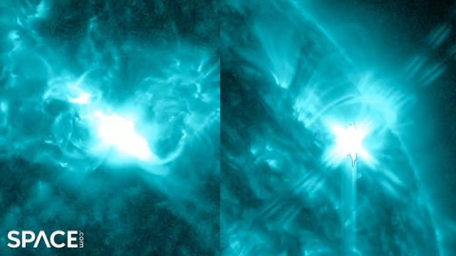 Two Earth-facing sunspots blasting powerful X and M flares, spacecraft views