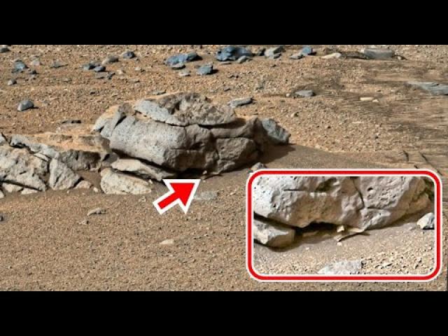 Strange blades probably made of metal sticking out from under a rock on Mars