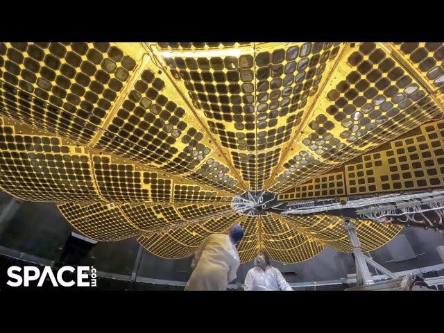 NASA Lucy spacecraft's circular solar arrays deployed in vacuum chamber