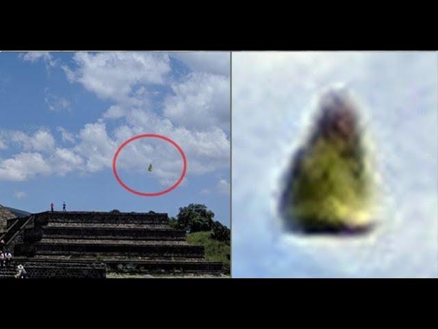 Mysterious Humanoid Figure on Air Vehicle appears above Teotihuacan Pyramid of the Moon