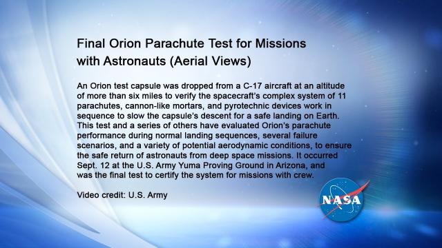 Final Orion Parachute Test for Missions with Astronauts (Aerial views)