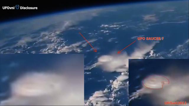UFO Saucer Hiding In Clouds Below Space Station ?