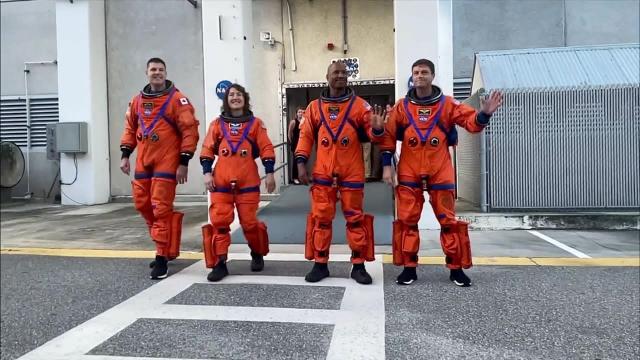 Artemis 2 crew walks out historic NASA building in launch dress rehearsal