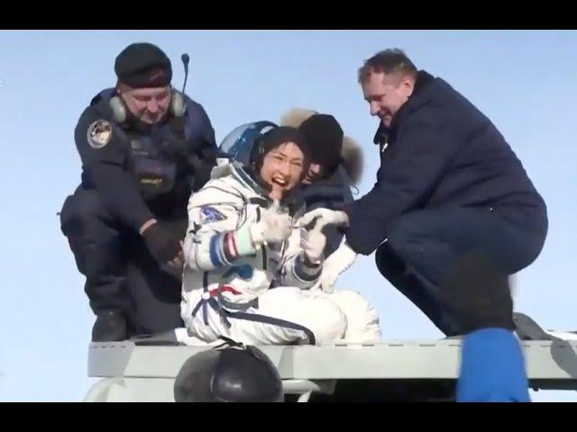 Christina Koch and crewmates exit Soyuz spacecraft after landing