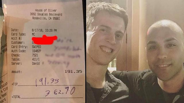 Waiter Hands Customer Bill, Then Reads The Note And Jumps Back