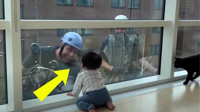 Little Boy Sees The Window Cleaner – At Some Point He Points At Something With His Finger !