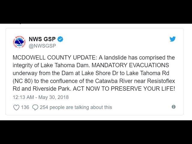 ALERT! North Carolina DAM Failure Imminent due to Mudslide Damage!