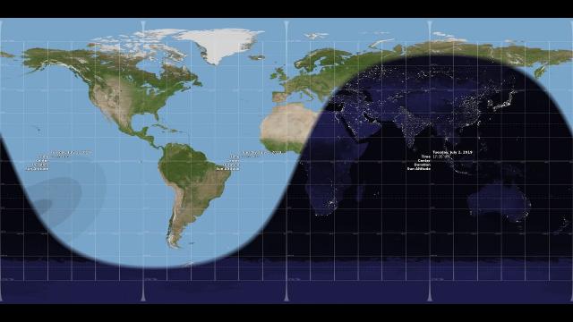 Solar Eclipse 2019 - Map-Like Visualization of Moon Shadow's Path