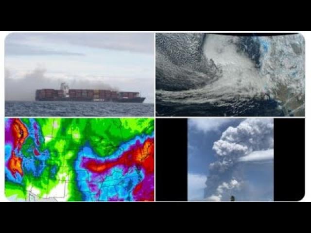 Cargo ship on fire with 100,000 pounds of hazardous material in front of Bombogenesis Storm 2021.