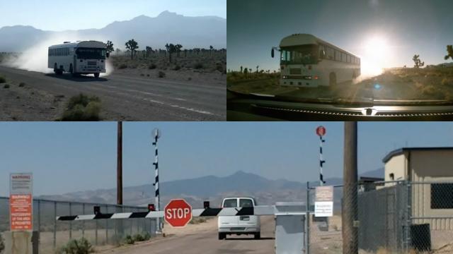 Area 51 Gates Filmed Entering and Leaving White Bus and Van (Black Tinted Windows) - FindingUFO