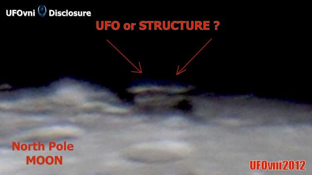 North Pole: structure or gray UFO dark, rectangular shape, on light gray Moon (4K)