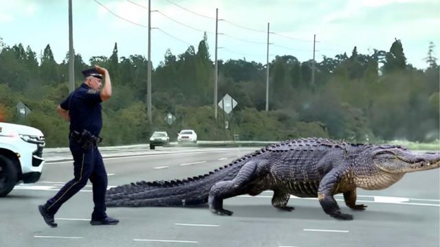 Giant Alligator Crosses Busy Intersection - Police Officer Then Makes An Insanely Dumb Move