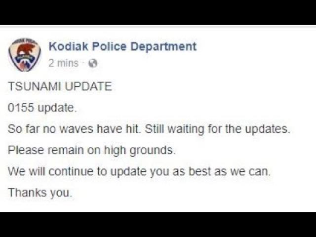 Kodiak police "get to 100 ft higher ground". Canada Tsunami Warning after 8.2 Earthquake